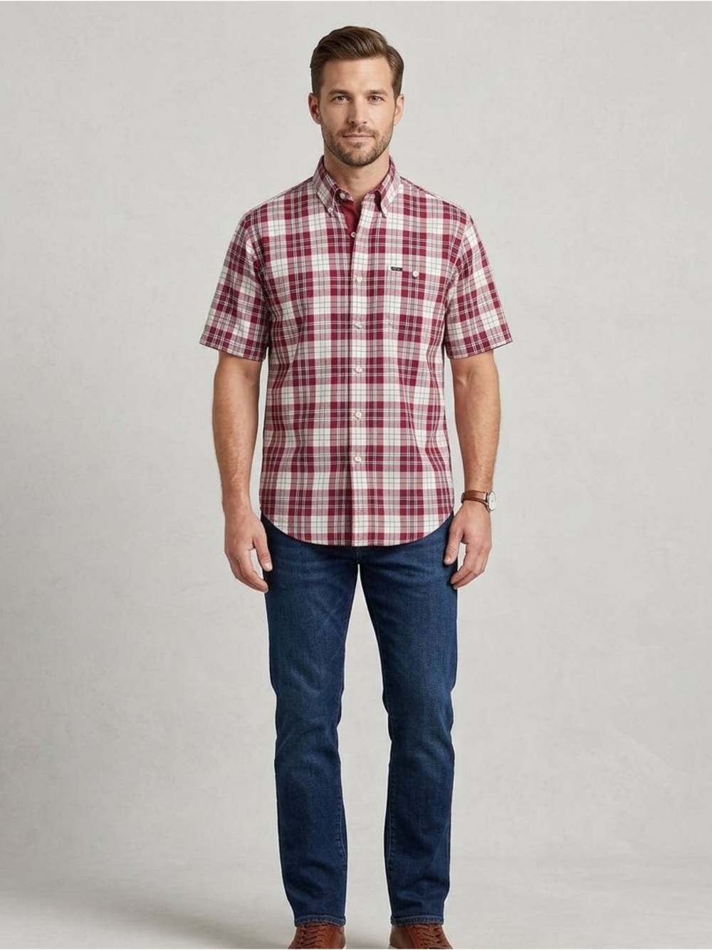 Alexander Julian Burgundy and Cream Plaid Short-Sleeve Button-Down Shirt